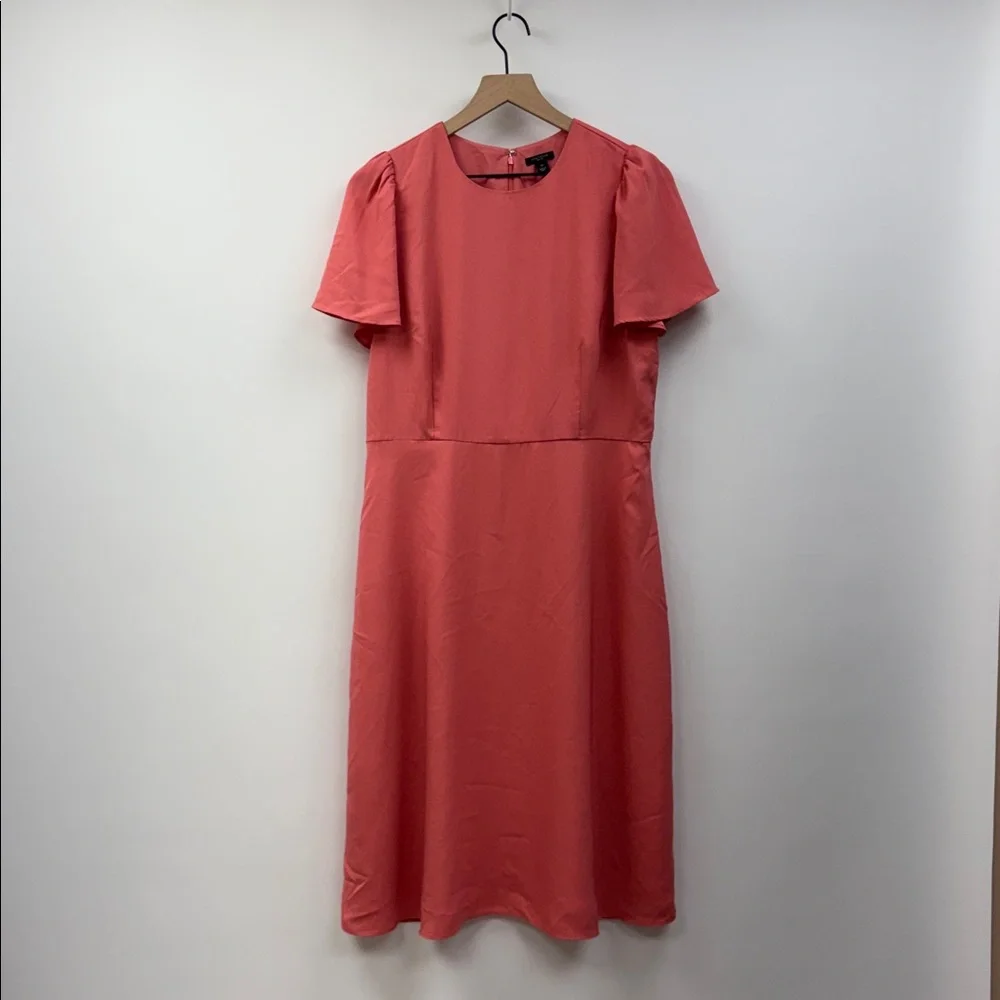Ann Taylor Crepe Flutter Sleeve A-Line Flowy Flare Midi Dress Coral Pink 12P